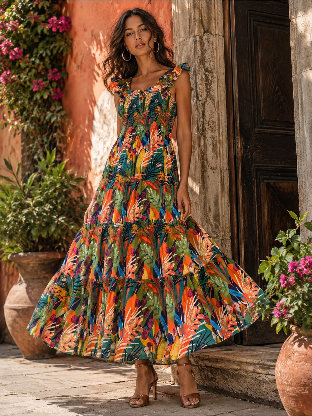 Evereve O.P.T. Calypso Tiered Tropical Print Maxi Dress Size XS MSRP $169